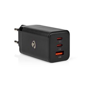Nedis Oplader | 65 W | GaN | Snellaad functie | 3.0 / 3.25 A | Outputs: 3 | USB-A / 2x USB-C | Automatische Voltage Selectie - WCGPD65W100BK