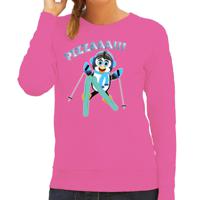 Apres ski sweater dames - pizzaaa - roze - wintersport - snowboarden - pinguin - pizzapunt