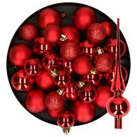 Kerstversiering kunststof kerstballen met piek rood 6-8-10 cm pakket van 49x stuks - thumbnail