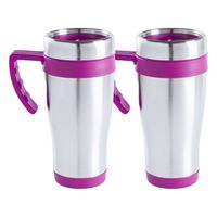 Warmhoudbeker/thermos isoleer koffiebeker/mok - 2x - RVS - zilver/roze - 450 ml - thumbnail