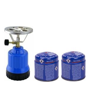 Camping kookstel kunststof blauw incl. 2x gas navulling priktank 190 gram