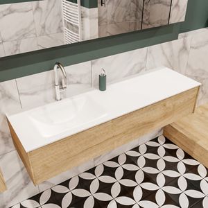 Mondiaz Lush Cloud badmeubel eiken licht 150 cm 1 lade solid surface enkele spoelbak links 1 kraangat