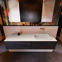 Badkamermeubelset Mondiaz Erin 150 cm met 2 Lades met RIDGE Wastafel Rechts Linen Zonder Kraangaten Greeploos Mat Dark Brown