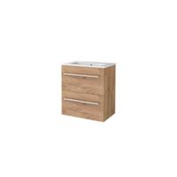 Basic-Line Start 39 Badkamermeubelset - Ondiep - 60 x 39 cm - Met Grepen - 2 Lades - Keramische Wastafel - 1 Kraangat - Whisky Oak