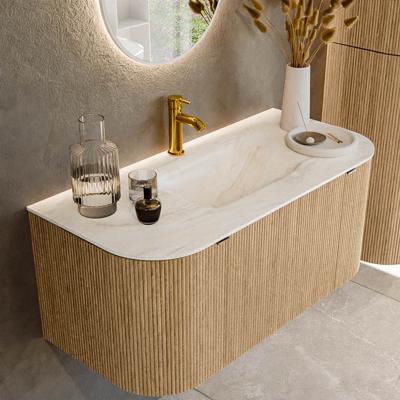 Badmeubel Mondiaz Kurve-Dlux | 100 cm | Meubelkleur Oak | Wastafelkleur Ostra | Solid surface | Midden spoelbak | 1 kraangat