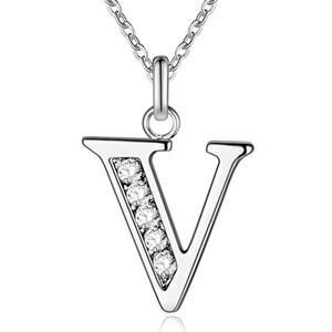 Zilverkleurige Letter V Dames Ketting met Zirkonia