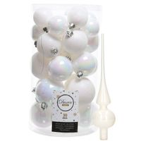 Decoris kerstballen 30x stuks - parelmoer wit 4/5/6 cm kunststof mat/glans/glitter mix en piek