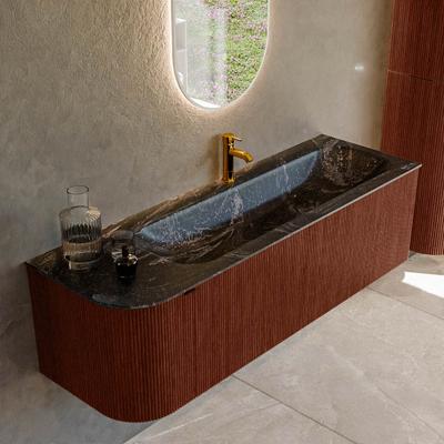 Badmeubel Mondiaz Kurve-Dlux | 145 cm cm | Meubelkleur Ruby | Wastafelkleur Lava | Solid surface | Wasbak rechter zijde spoelbak | 1 kraangat