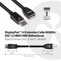 CLUB3D DisplayPort 1.4 Extension Cable 8K60Hz DSC 1.2 HBR3 HDR Bidirectional M/F 3m/9.84ft - thumbnail