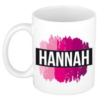 Hannah naam cadeau koffie mok - beker - met roze verfstrepen - Cadeau collega - moederdag