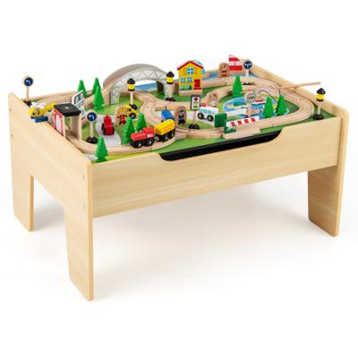 78-delig Kinder Spoorwegset 5 in 1 Houten Spoorwegtafel met Omkeerbaar Tafelblad en Krijtbord