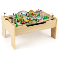 78-delig Kinder Spoorwegset 5 in 1 Houten Spoorwegtafel met Omkeerbaar Tafelblad en Krijtbord