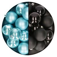 Kerstballen 24x stuks - mix zwart en ijsblauw - 6 cm - kunststof - Kerstbal