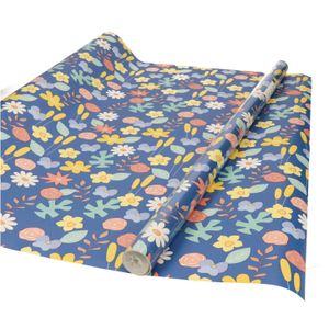 Inpakpapier/cadeaupapier - blauw met gekleurde bloemen design - 200 x 70 cm   -