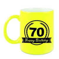 Happy Birthday 70 years cadeau mok / beker neon geel met wimpel 330 ml Happy Birthday 70 years cadeau mok / beker neon geel met wimpel 330 ml