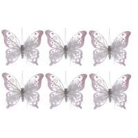 8x Witte decoratie vlinders op clip 15,5 cm - thumbnail