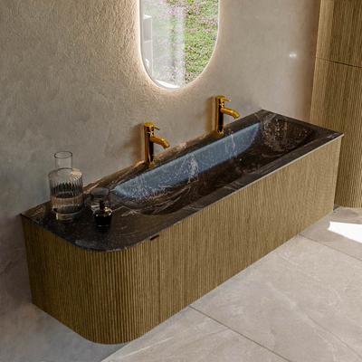 Badmeubel Mondiaz Kurve-Dlux | 145 cm cm | Meubelkleur Dusk | Wastafelkleur Lava | Solid surface | Wasbak rechter zijde spoelbak | 2 kraangaten