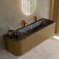 Badmeubel Mondiaz Kurve-Dlux | 145 cm cm | Meubelkleur Dusk | Wastafelkleur Lava | Solid surface | Wasbak rechter zijde spoelbak | 2 kraangaten