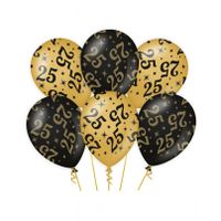 6x stuks leeftijd verjaardag feest ballonnen 25 jaar geworden zwart/goud 30 cm
