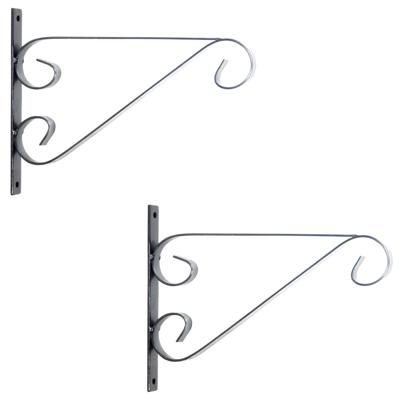 Hangpot haken - 2x - metaal - met krul - grijs - 27 x 19 cm - tuindecoratie - muurhangers