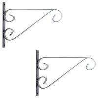 Hangpot haken - 2x - metaal - met krul - grijs - 27 x 19 cm - tuindecoratie - muurhangers