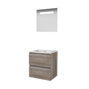 Basic-Line Economic 46 badkamermeubelset - 60x46cm - greeploos - 2 lades - porseleinen wastafel - 1 kraangat - Spiegel - geintegreerde LED verlichting - MFC Scotch Oak 1810080