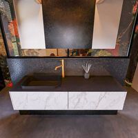 Badkamermeubelset Mondiaz Erin 150 cm met 2 Lades met RIDGE Wastafel Links Urban met 1 kraangat Greeploos Mat Carrara