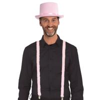 Carnaval verkleed set - licht roze - hoed en pailletten bretels- volwassenen/unisex - feestkleding