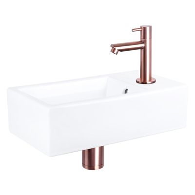 Differnz Force fonteinset - 40x22x11.5cm - Rechthoek - 1 kraangat - Recht rose koper kraan - Keramiek Wit 38.400.56