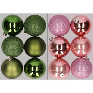 12x stuks kunststof kerstballen mix van appelgroen en roze 8 cm