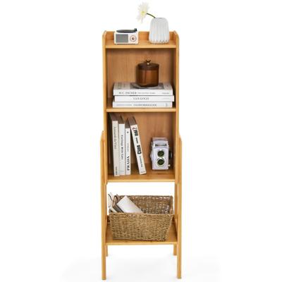 4-Niveau Bamboe Boekenkast Vrijstaand Verhoogde Poten en Randen Moderne Natuurlijke Bamboe Boekenkast Opbergplank