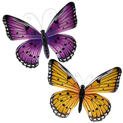 Wanddecoratie vlinders - 2x stuks - paars en geel - 34 x 28 cm - metaal - muurdecoratie tuin