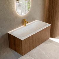 Badmeubel Mondiaz Kurve-Dlux | 100 cm | Meubelkleur Walnut | Wastafelkleur Opalo | Solid surface | Midden spoelbak | 1 kraangat