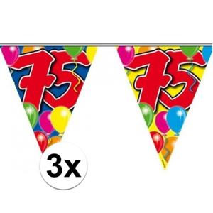 Leeftijd vlaggenlijn 75 jaar - 3x - 10 meter - plastic - 75e verjaardag slinger - vlaggetjes
