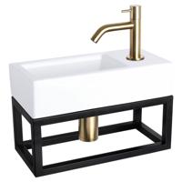 Differnz Ravo fonteinset keramiek - kraan gebogen - met handdoekrek - 38.5 x 18.5 x 9 cm - mat goud