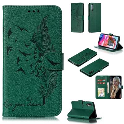 Feather patroon Litchi textuur horizontale Flip lederen draagtas met portemonnee & houder & kaartsleuven voor Galaxy A70 (groen)