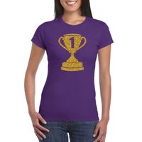 Gouden kampioens beker / nummer 1 t-shirt / kleding paars dames