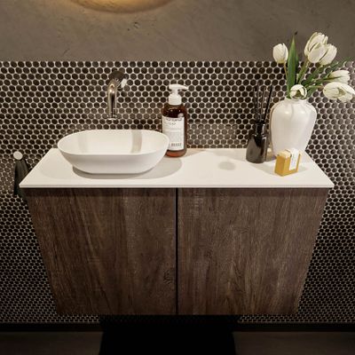 Mondiaz Fowy toiletmeubel 80cm dark brown met blad en waskom talc links zonder kraangat