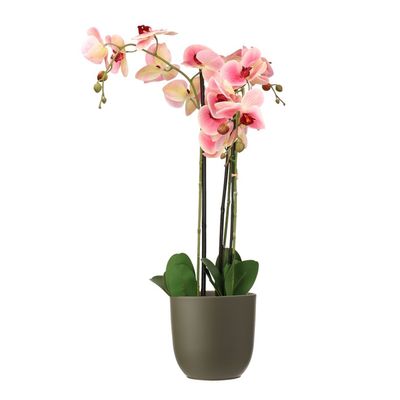 Orchidee kunstplant roze - 75 cm - inclusief bloempot olijfgroen mat
