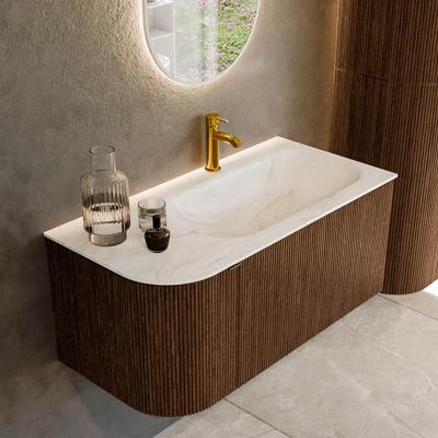 Badmeubel Mondiaz Kurve-Dlux | 95 cm | Meubelkleur Walnut | Wastafelkleur Ostra | Solid surface | Rechts spoelbak | 1 kraangat