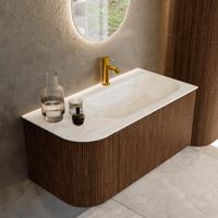 Badmeubel Mondiaz Kurve-Dlux | 95 cm | Meubelkleur Walnut | Wastafelkleur Ostra | Solid surface | Rechts spoelbak | 1 kraangat