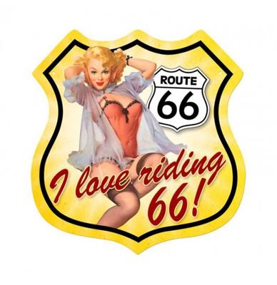 Route 66 I Love Riding 66 Pin-Up Zwaar Metalen Bord 37,5 x 39 cm