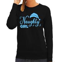 Foute kersttrui/sweater voor dames - Naughty Girl - zwart - glitter blauw - Kerstmuts