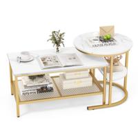 Set van 2 Bijzettafels Salontafel met Marmerprint en Gouden Metalen Frame kleine Ronde Bijzettafel en Rechthoekige Salontafel