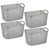 Plasticforte opbergmand kastmandje - 4x stuks - 6,4 liter - zilver - kunststof - 19 x 29 x 18 cm - m