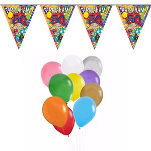 Verjaardag 50 jaar feest thema set 50x ballonnen en 2x Abraham print vlaggenlijnen