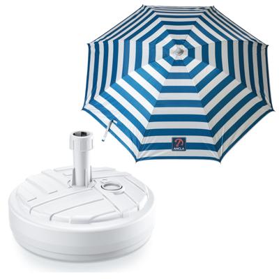 Tuin parasol met voet van 10 liter - blauw/wit strepen - polyester/kunststof - Dia 220 cm