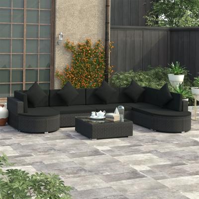 8-delige Loungeset met kussens poly rattan zwart