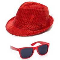 Carnaval verkleed set hoed en bril rood glitters - thumbnail