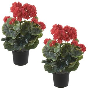 Set van 2x stuks rode geranium Pelargonium Graveolens kunstplanten in zwarte kunststof pot 35 cm